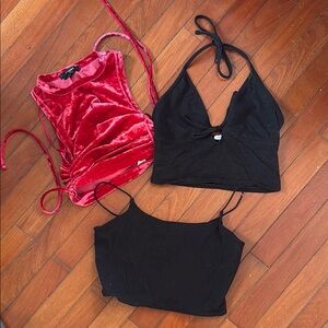 Garage Black and Red Crop Tank Top with Ruched Cut Out Design